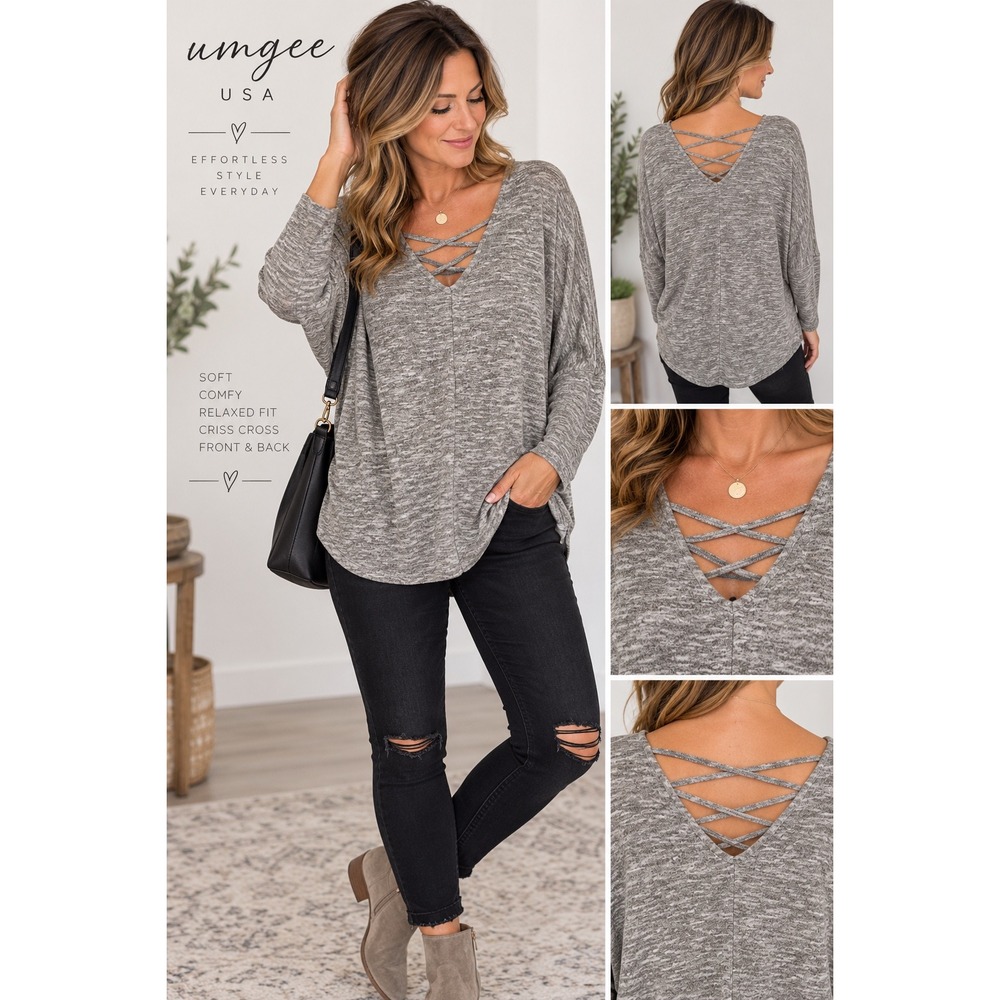 Umgee USA Womens Small Taupe Marl Strappy V-Neck Long Sleeve Top Relaxed Fit